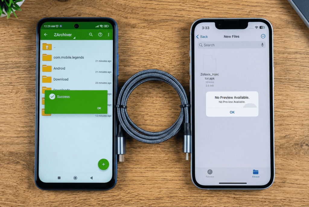 Comparison of Android ZArchiver file access vs iPhone Files app restrictions for Zolaxis APK.