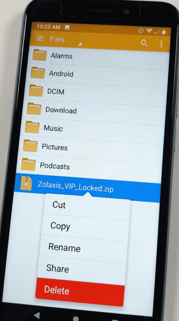 Android file manager showing how to delete the password-protected Zolaxis zip file.