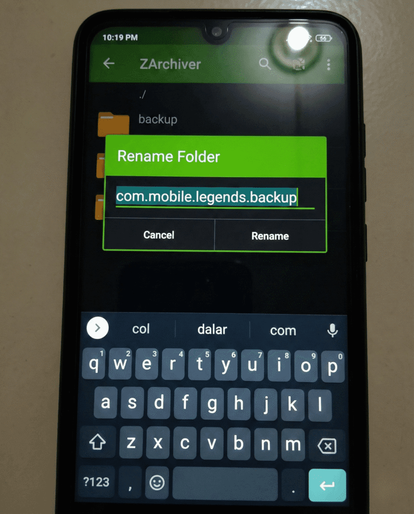 Renaming Mobile Legends data folder to backup to save game data.