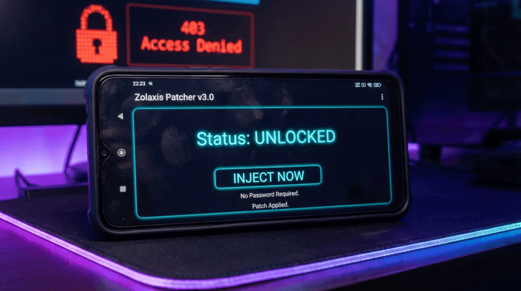 Zolaxis Patcher main menu interface open on Android phone showing no password requirement.
